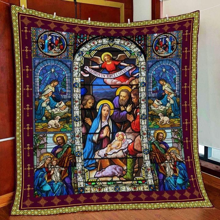 Stained Glass Jesus Is Born Christian Church Window Quilt