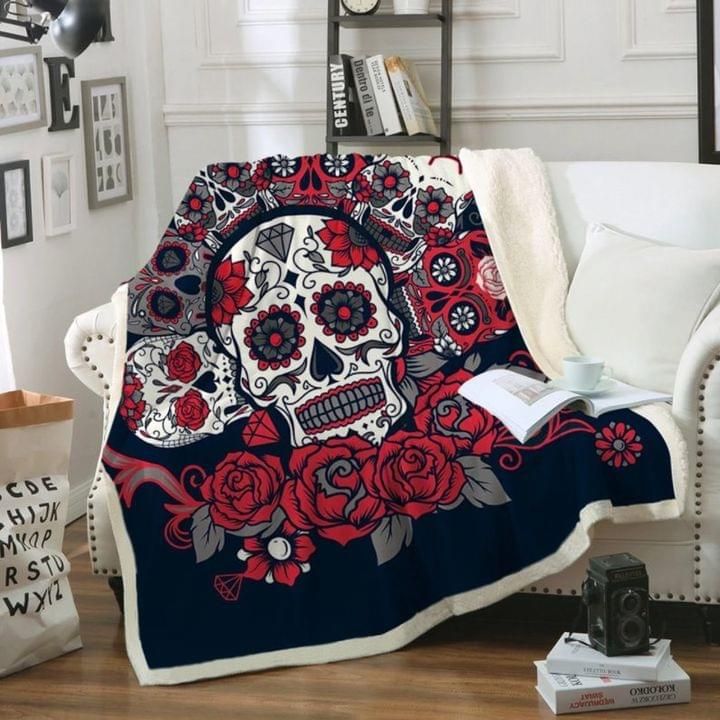 Sugar Skull Red Roses Fleece Blanket