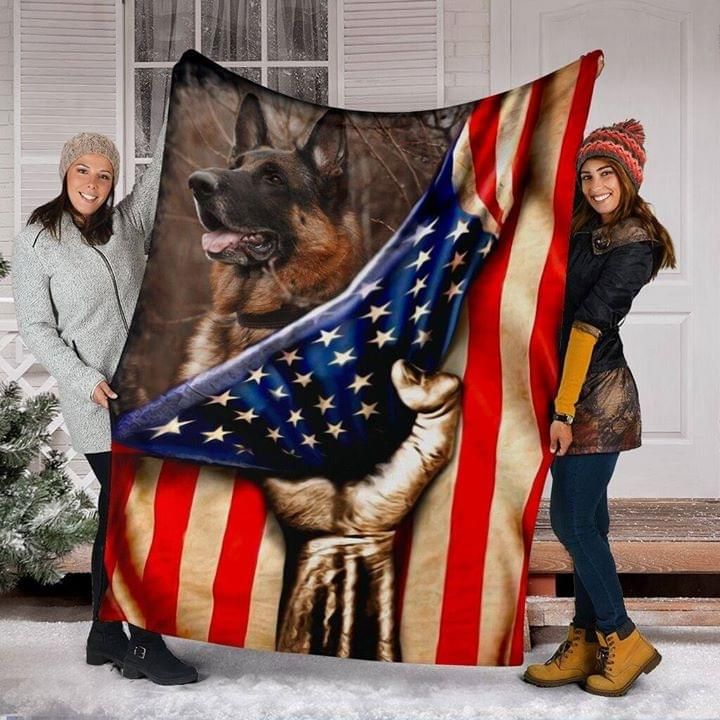 German Shepherd And American Flag Fleece Blanket