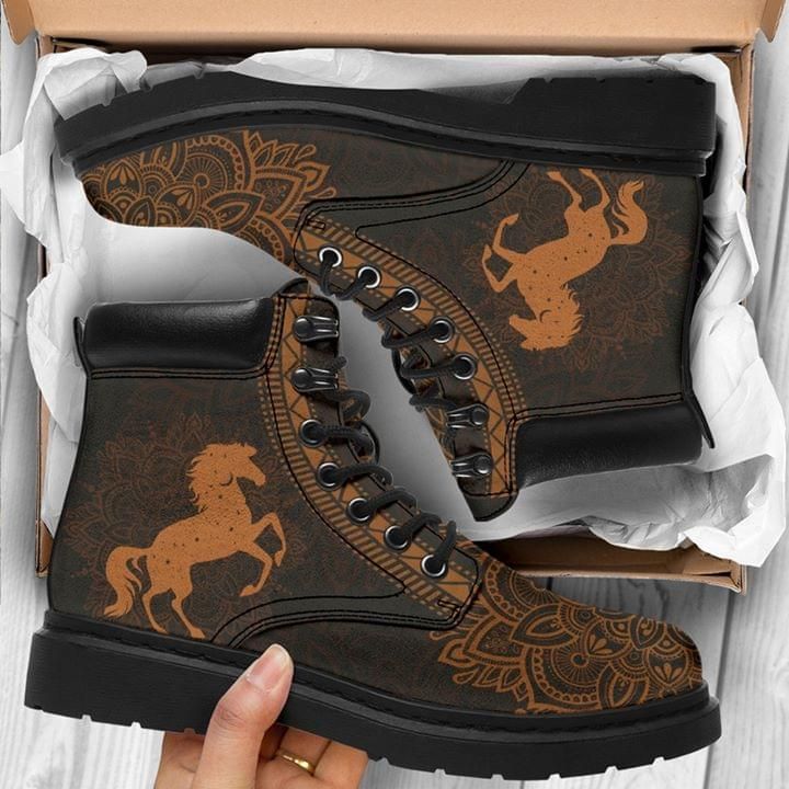 Horse Printed On Mandala Yellow Classic Boots Shoes