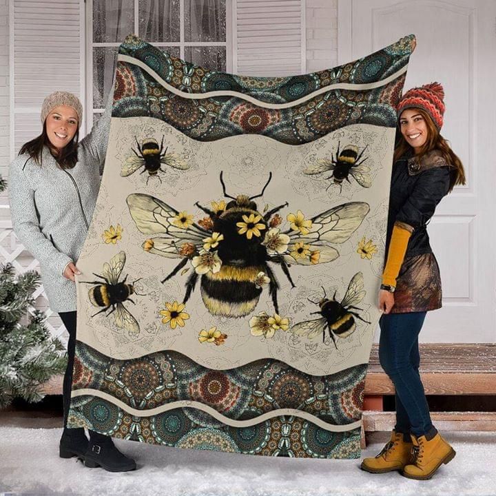 Bees With Flowers Mandala Fleece Blanket