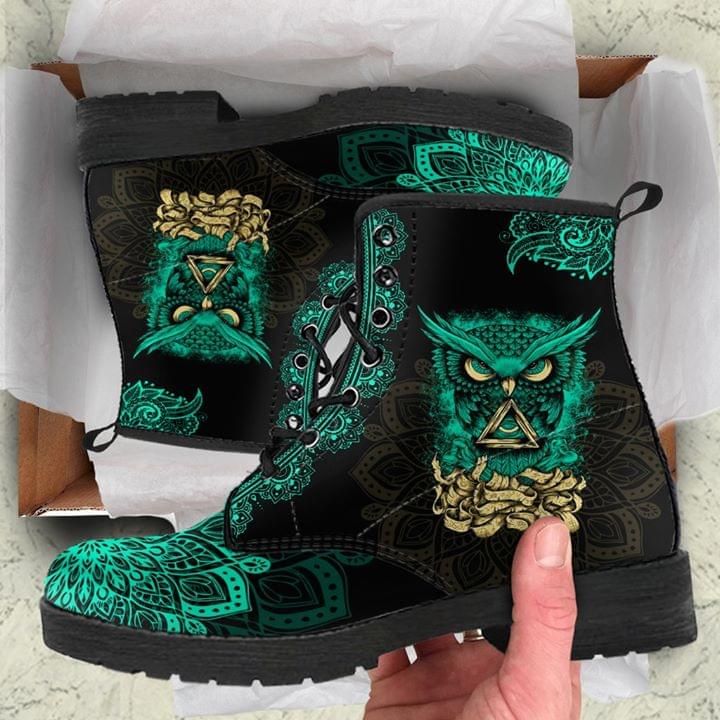 Owl Mandala Green Leather Boots