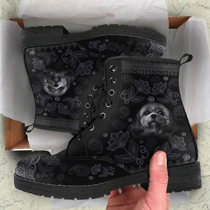 Shih Tzu Mandala Black Leather Boots