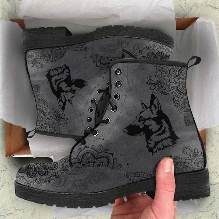 German Shepherd Mandala Grey Leather Boot Shoes PANLTB0003