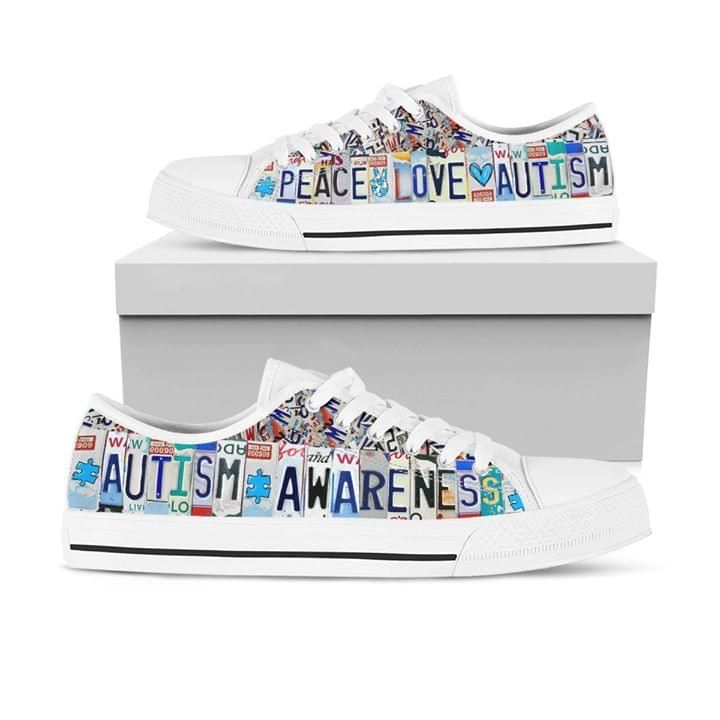 Peace Love Autism Awareness White Low Top Shoes