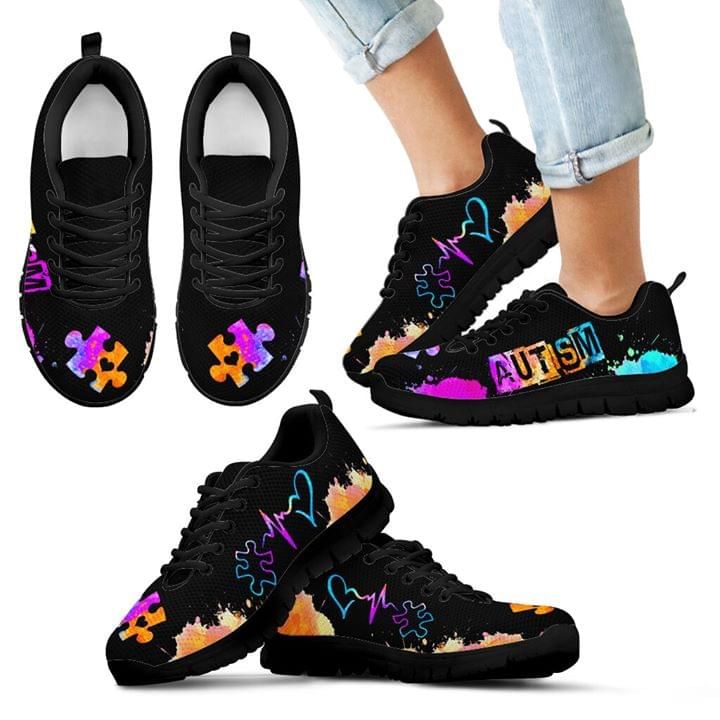 Autism Heart Beat Black Sneakers Shoes