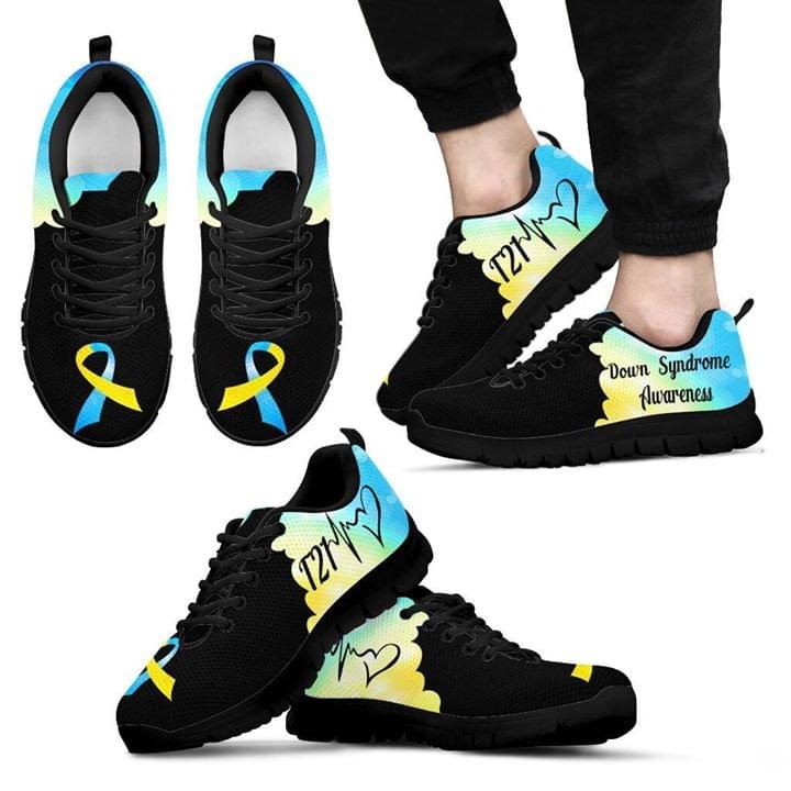 Down Syndrome Awareness T21 Heart Beat Black Sneaker Shoes PANSNE0018