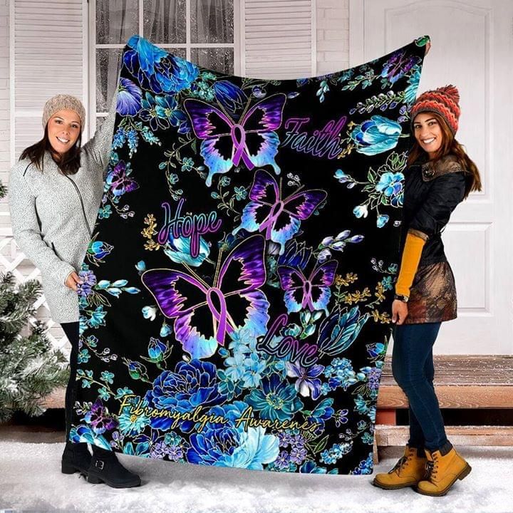 Faith Hope Love Fibromyalgia Awareness Butterfly Flowers Fleece Blanket