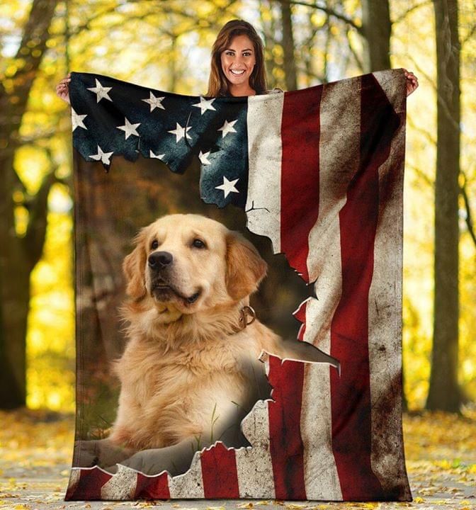Golden Dog American Flag Fleece Blanket