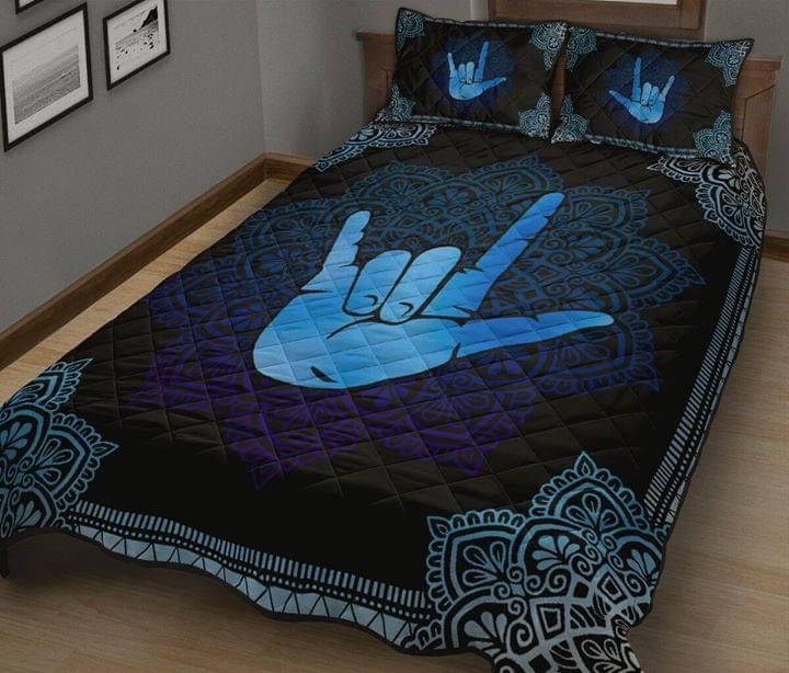 Sign Language Mandala Blue Quilt Set