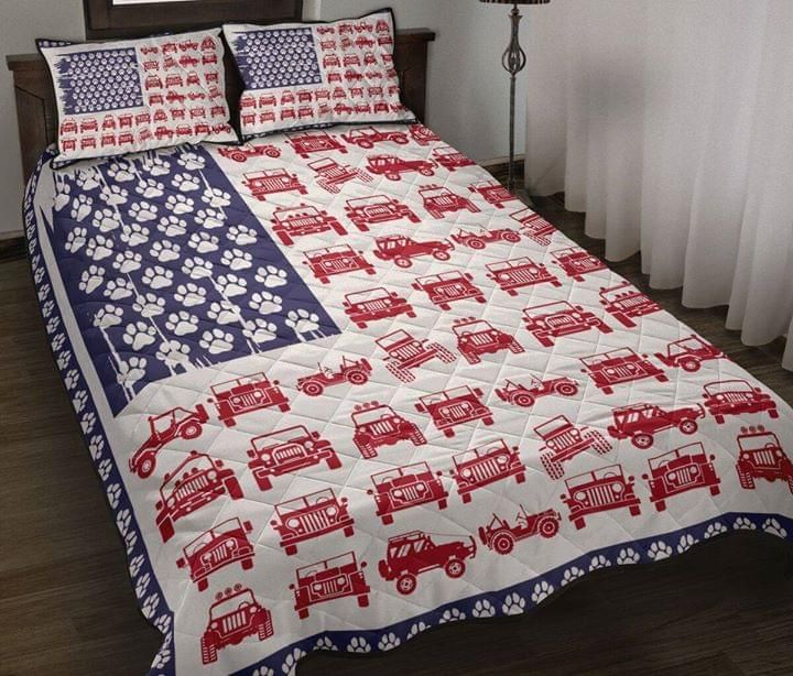 Paws And Tractors Pattern American Flag Dog Quilt Set