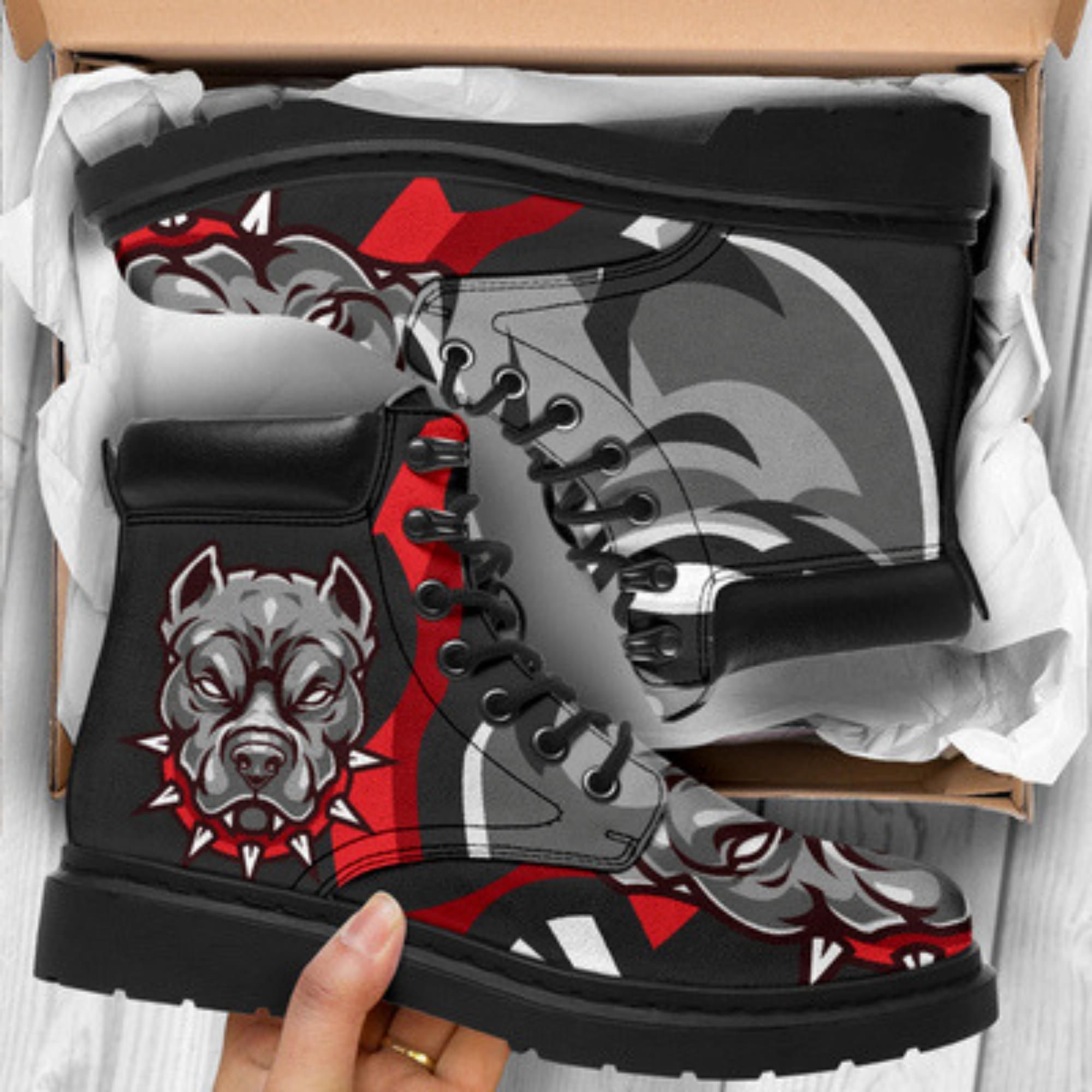 Pitbull Dog Red And Black Classic Boot Shoes PANCBO0011