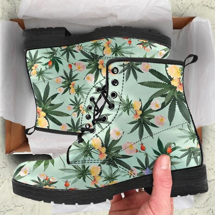 Weed Leaf Flowers Green Leather Boot Shoes