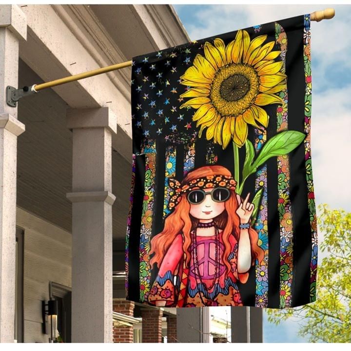 Hippie Girl With Sunflower American Flag