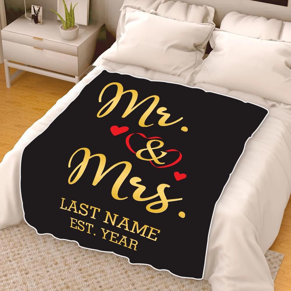 Personalized Gift For Couple Fleece Blanket Mr & Mrs With Wedding Year