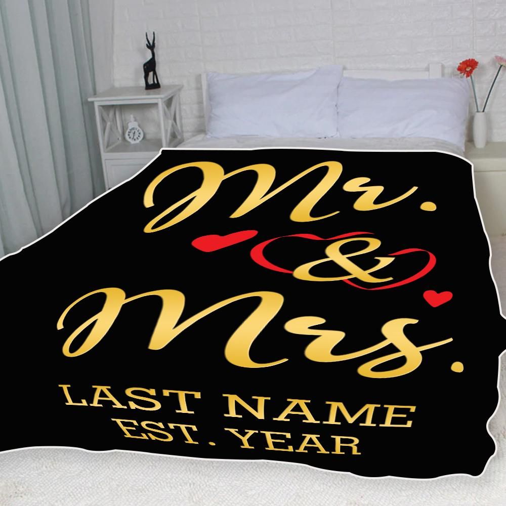 Personalized Gift For Couple Fleece Blanket Mr & Mrs With Wedding Year
