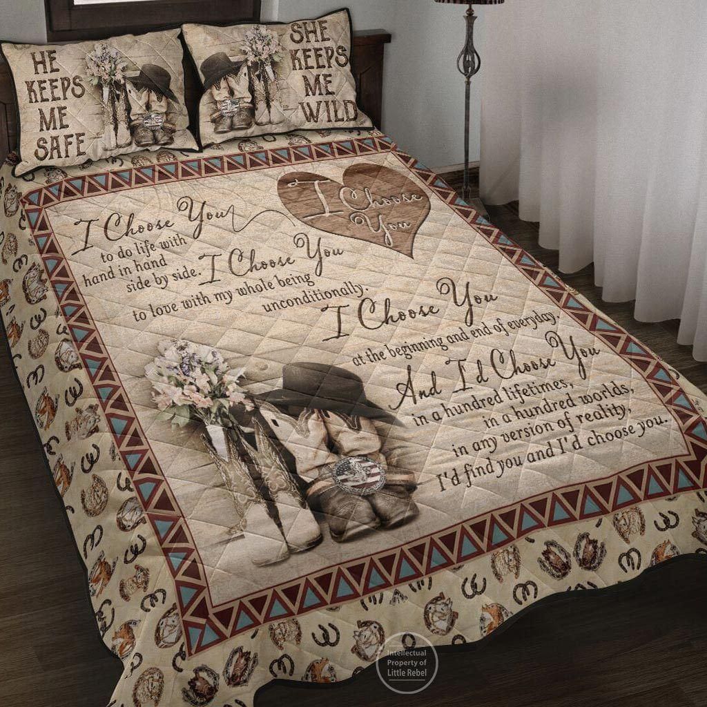 Personalized Gift For Couple Cowboy Quilt Set I Choose You To Do Life Hand In Hand