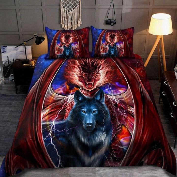 Angry Dragon Behind Wolf Art Bedding Set