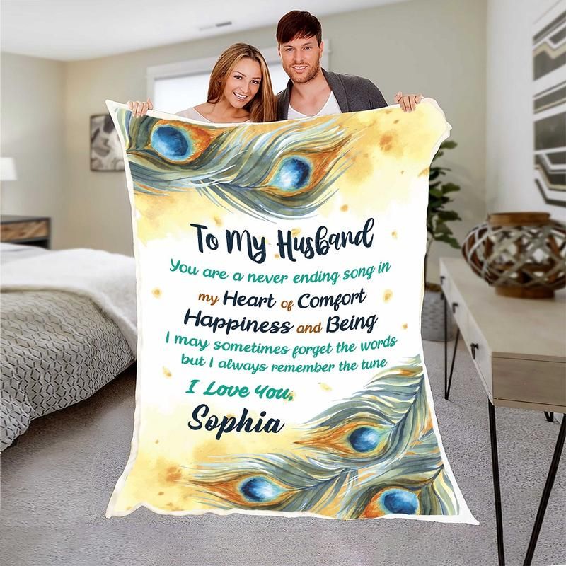 Personalized Gift For Husband Peacock Feather Fleece Blanket You Are Never Ending Song In My Heart