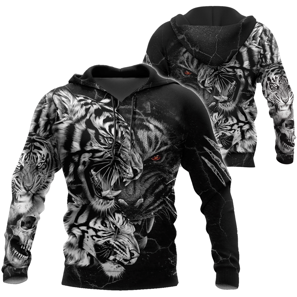 Tiger Black and White Tattoo Over Printed Hoodie for Men and Women