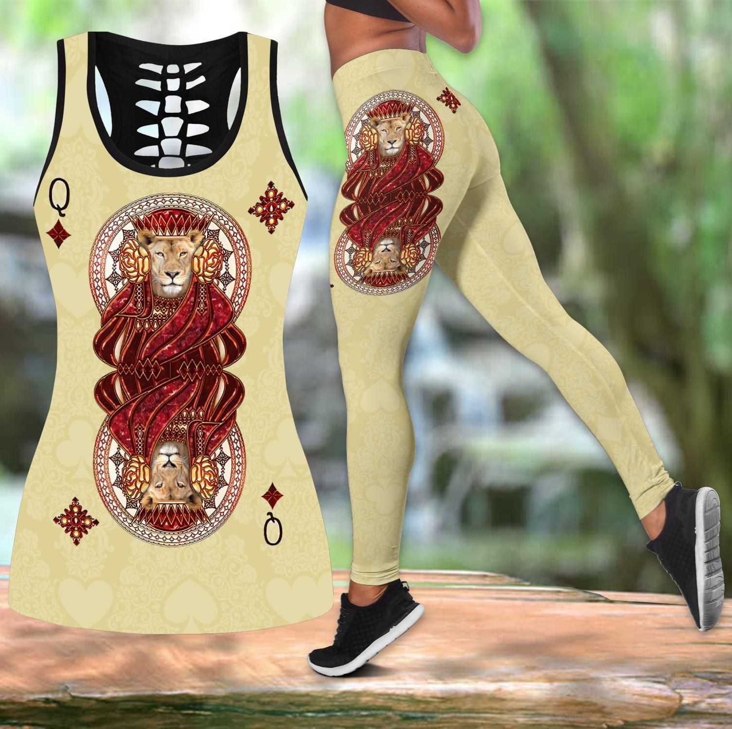 Lion Queen Poker 3D All Over Printed Legging + Hollow tank combo for Women