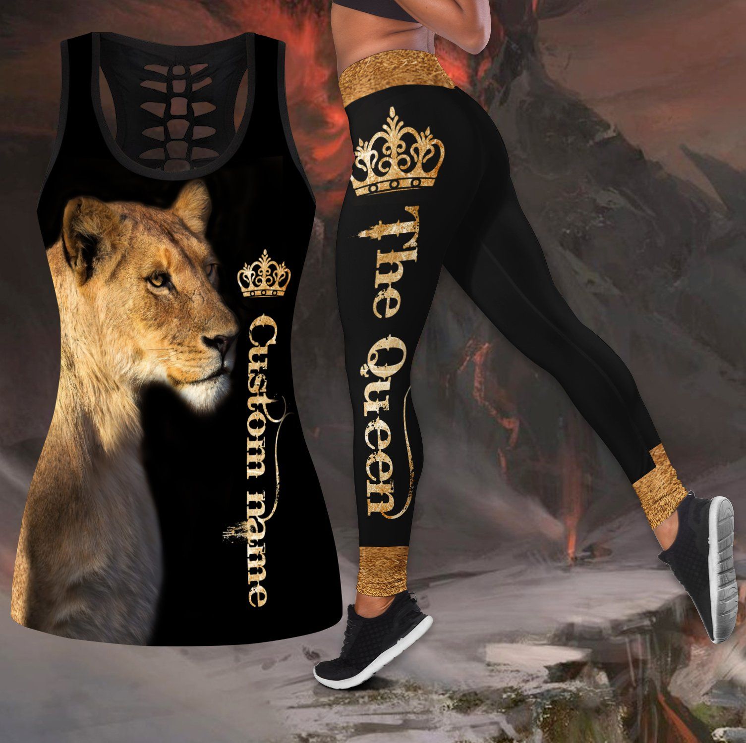 Custom Name Lion Queen legging + hollow tank customize combo for women PAN3DSET0161