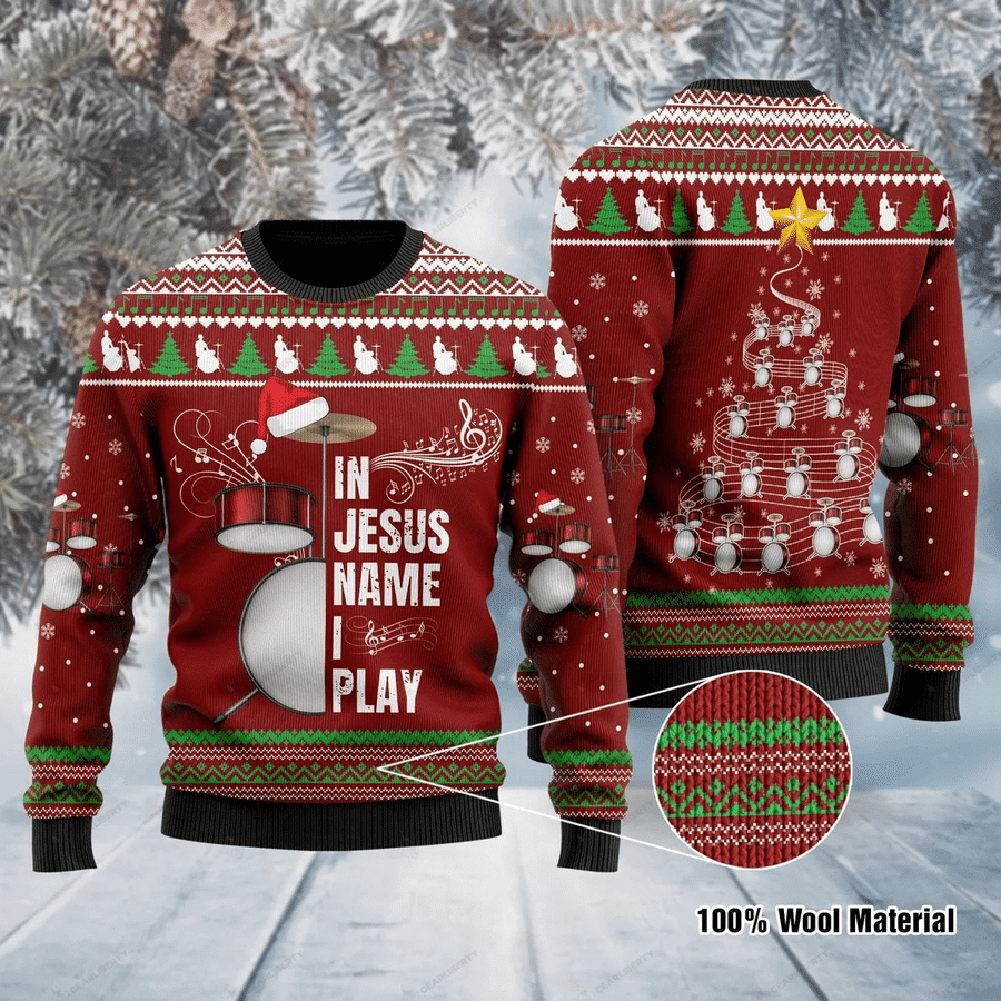 Drum Music In Jesus Name I Play Christmas Wool Sweater PANWS0057
