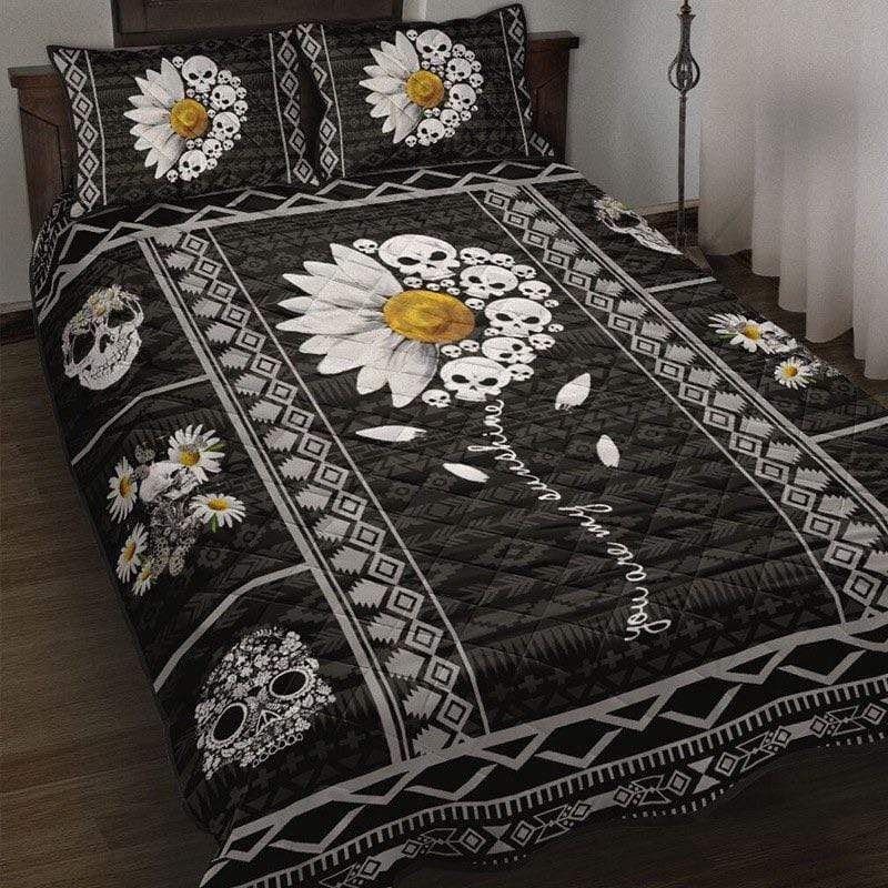 You Are My Sunshine White Daisy Flower With Skull Quilt Set