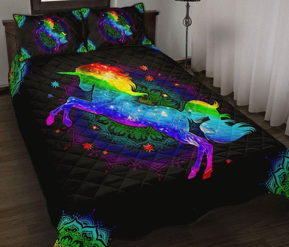 Galaxy Rainbow Color Unicorn With bohemian Quilt Set