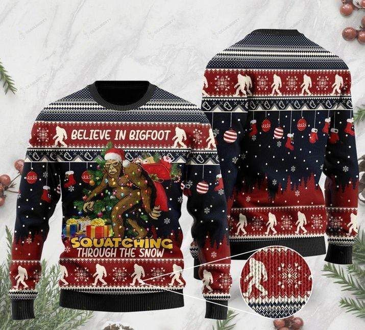 Bigfoot Believe In Squatching Through The Snow Ugly Sweater Wool