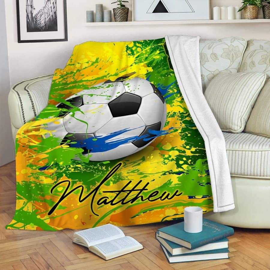 Personalized Customized Colorful Soccer Green Fleece Blanket With Name
