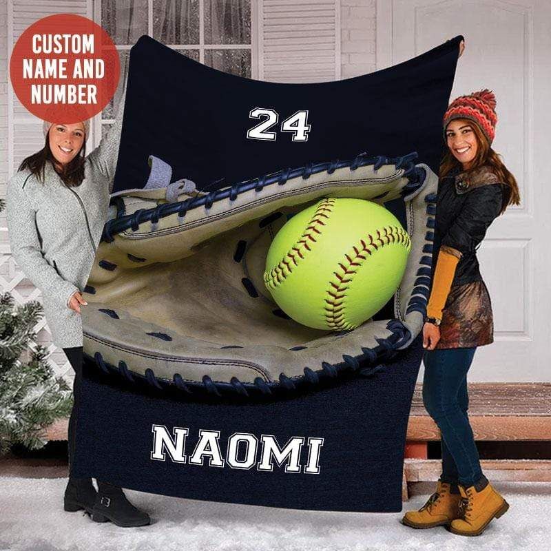 Personalized Softball In Glove Blue 3D Custom Name & Number Fleece Fleece Blanket