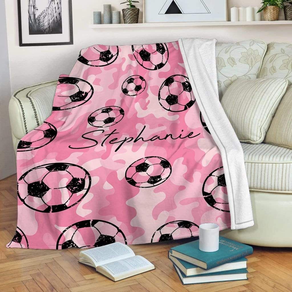 Personalized Custom Fleece Blanket Soccer Ball Pink PANBL0045