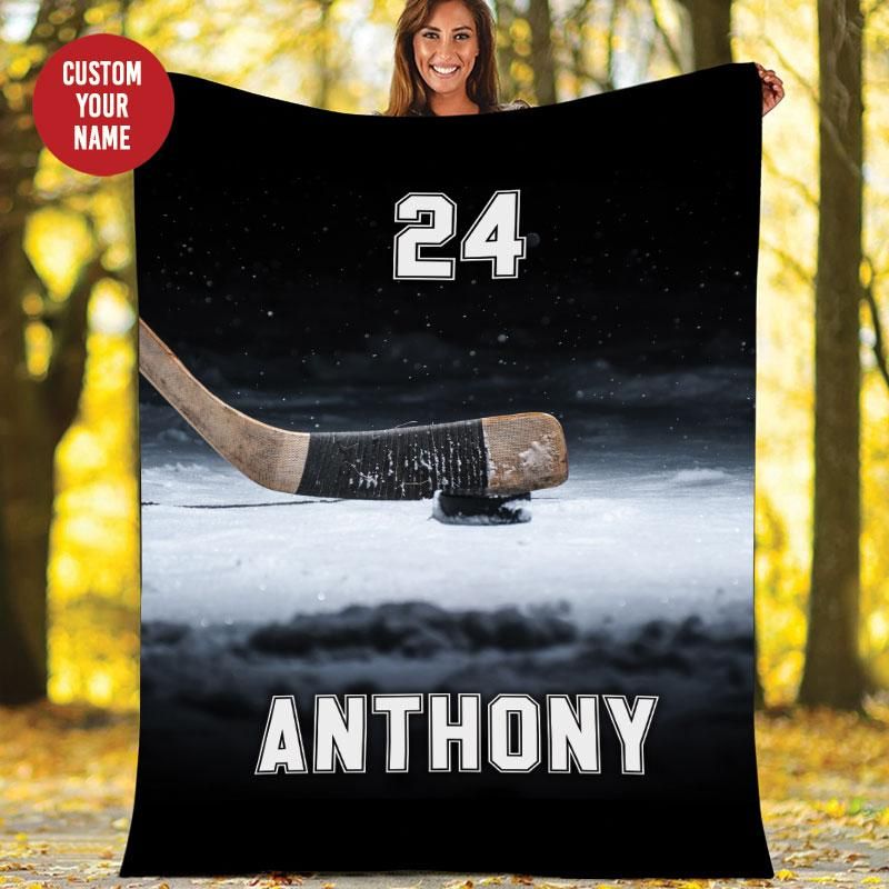 Personalized Hockey Stick And Puck On Ice Customized Name And Number Fleece Blanket