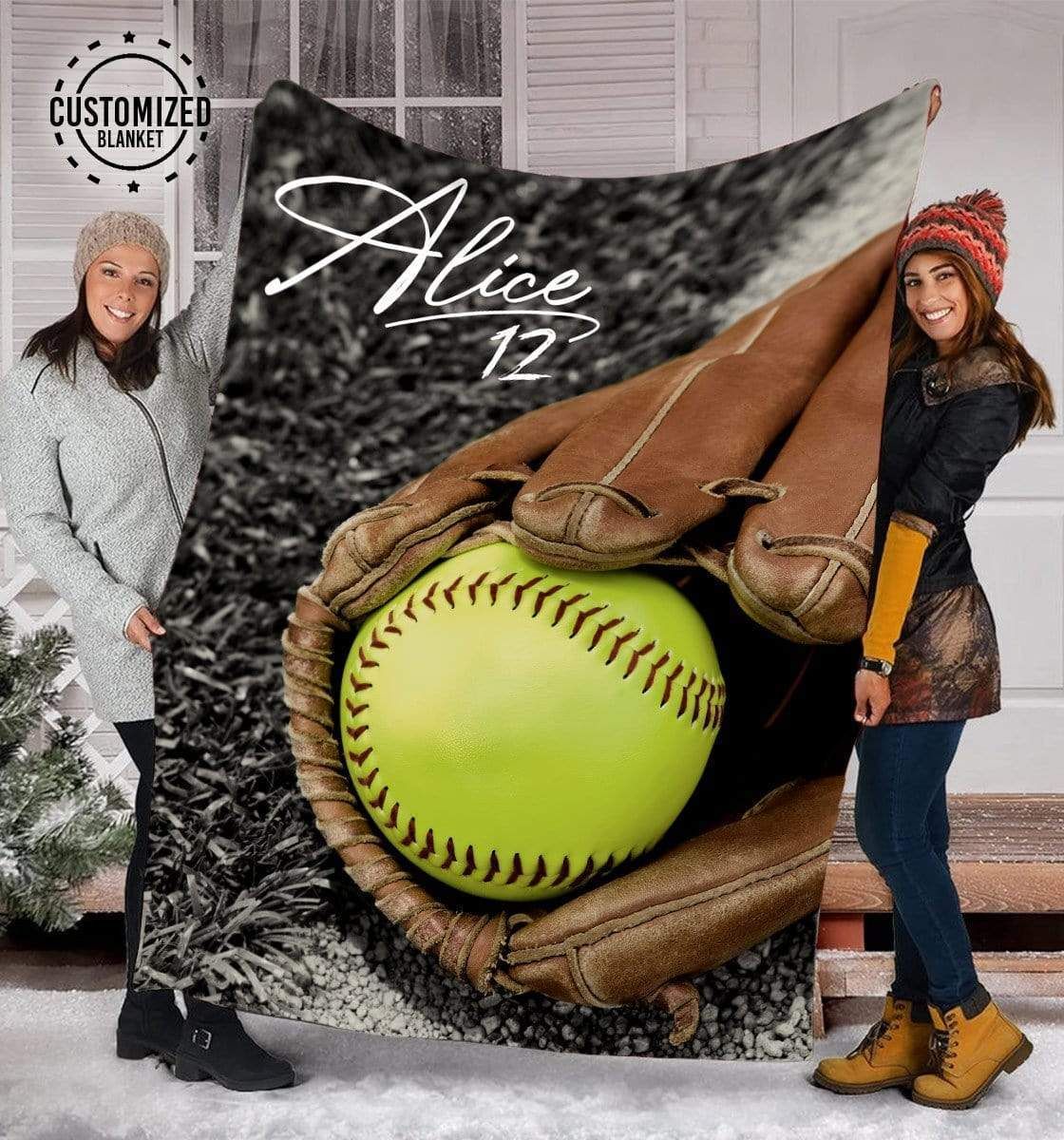 Personalized Custom Fleece Blanket Softball - Ball & Glove BW