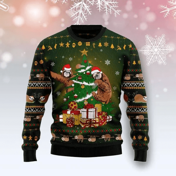 Sloth With Christmas Tree Black Sweater