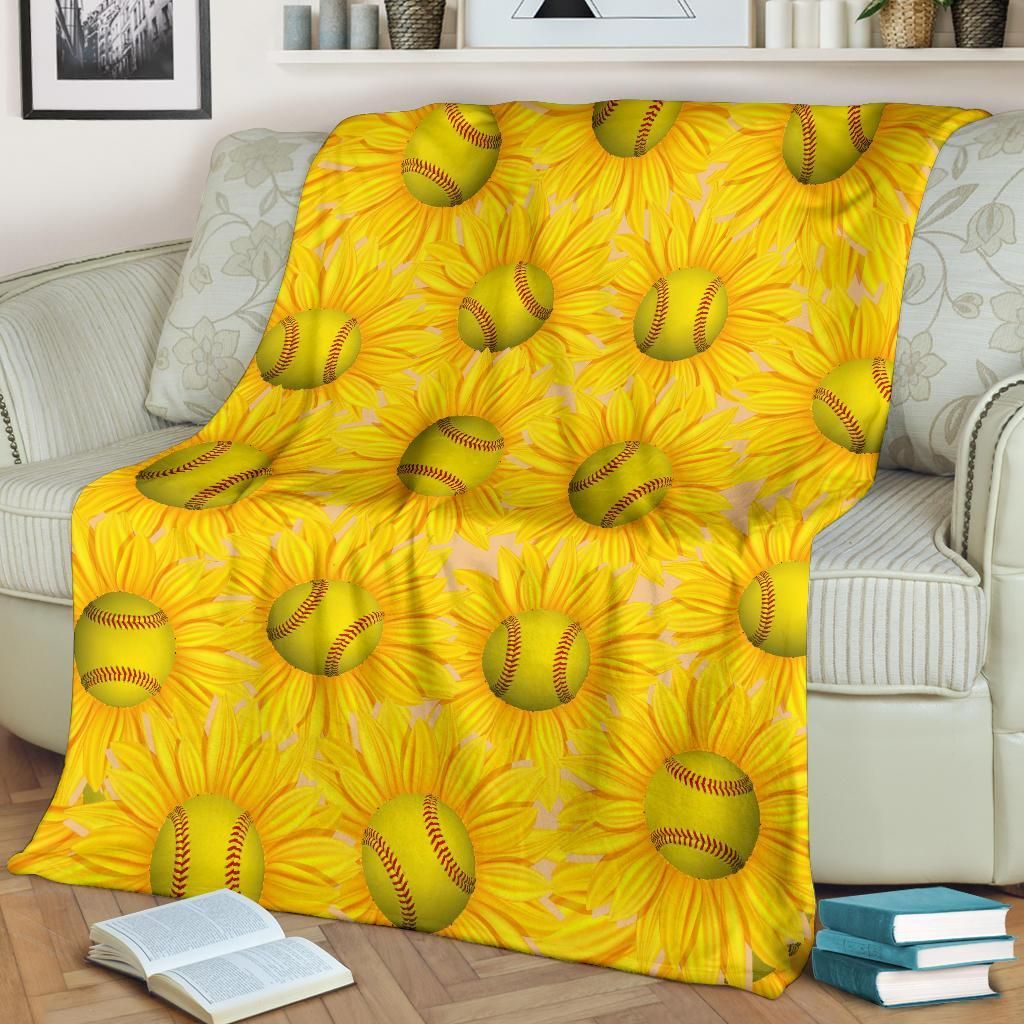 Personalized Custom Fleece Blanket Softball Sunflower Pattern With Name