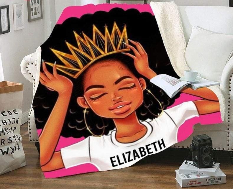 Personalized Black Girl Queen Custom Name Fleece Blanket PAN
