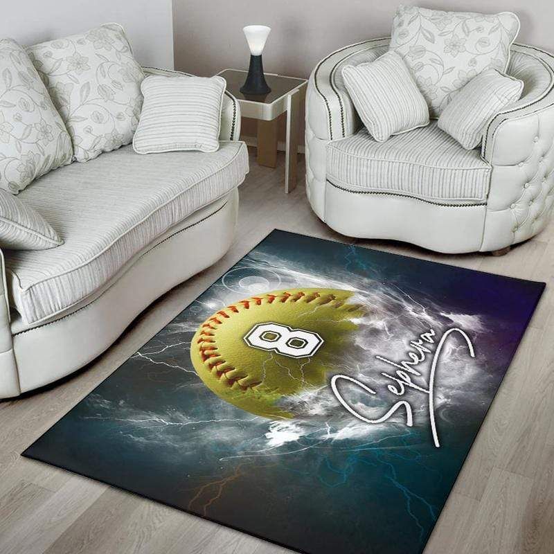 Personalied Custom Name And Number On Softball Thunder Rectangle Rug