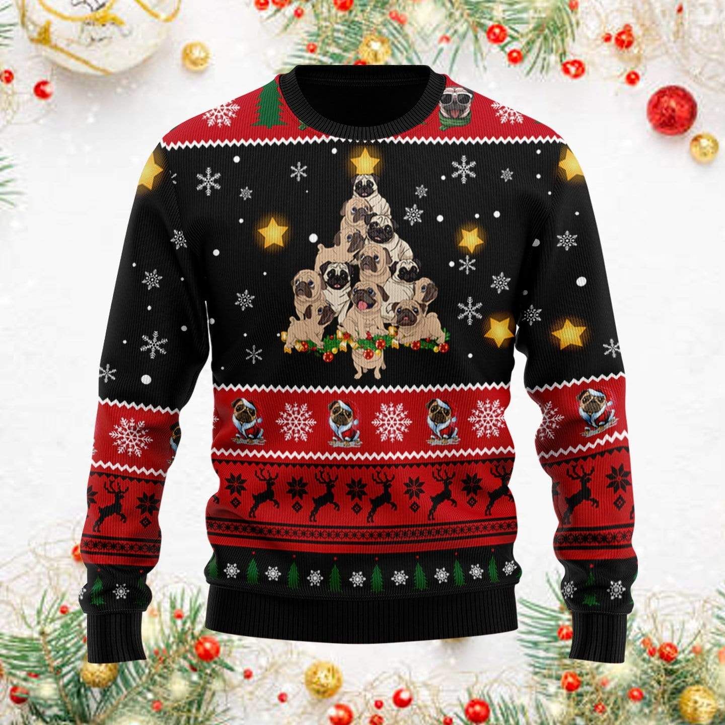So Cute Pug Christmas Tree Black Red Christmas Sweater