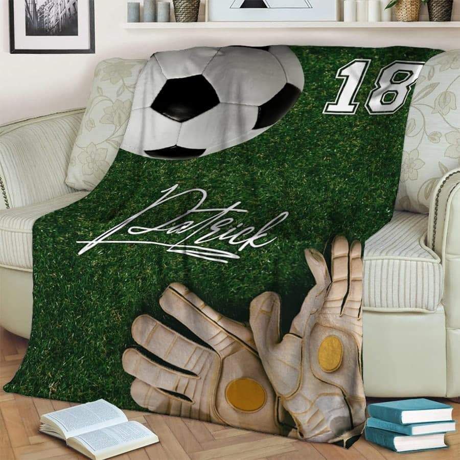 Personalized Amazing Green Soccer Glove And Ball On Field Customized Fleece Blanket With Name