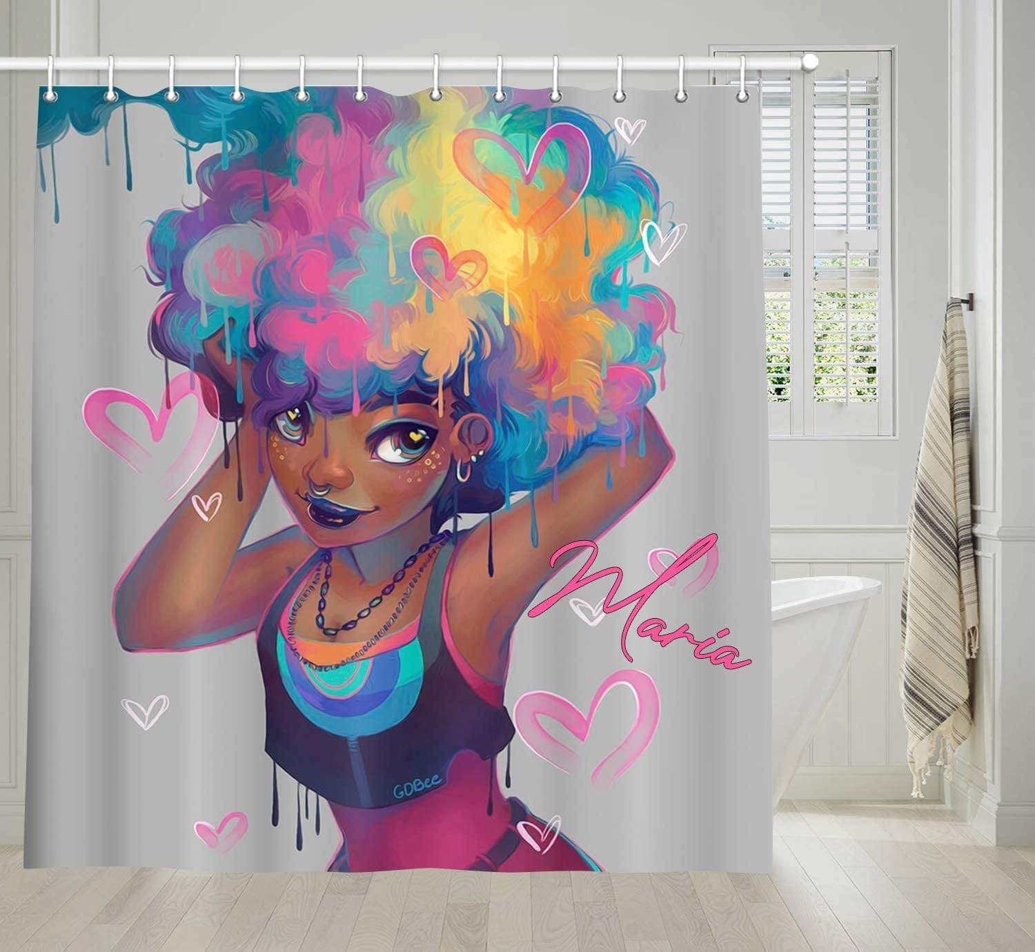 Personalized Black Girl Hair Color Shower Curtain Custom Name PAN