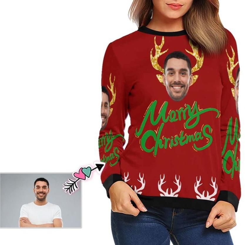 Personalized Merry Christmas Funny Reindeer Horns Wearing Custom Photo Unisex Sweater