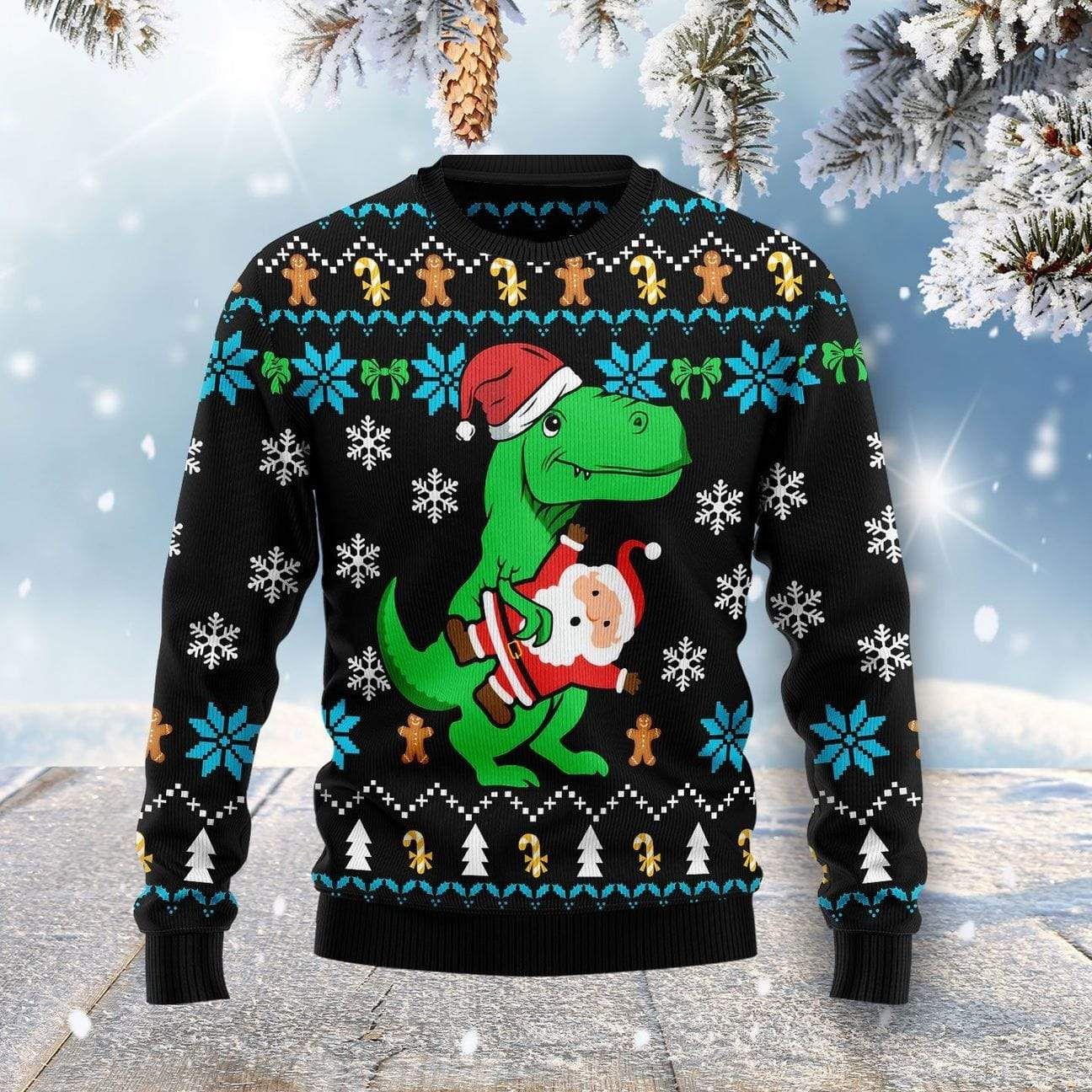 Christmas Cute Little T-Rex Dinosaur Hugging Santa Claus Sweater