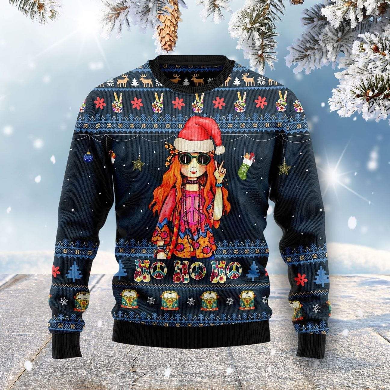 Christmas Hippie Girl Ho Ho Ho Peace And Love Sweater