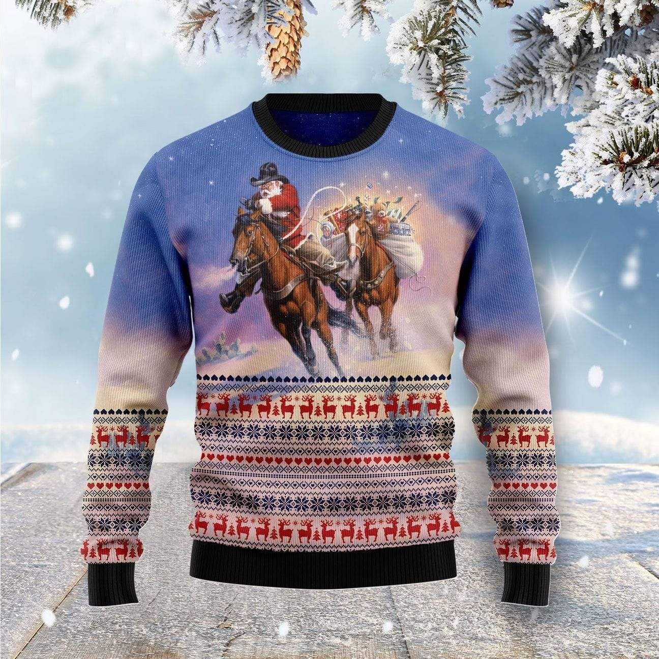 Christmas The Cowboy Santa Is Riding In The Snow Sweater