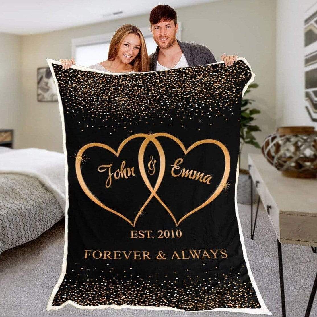 Personalized Couple Lover Golden Heart Forever & Always Custom Name Fleece Blanket