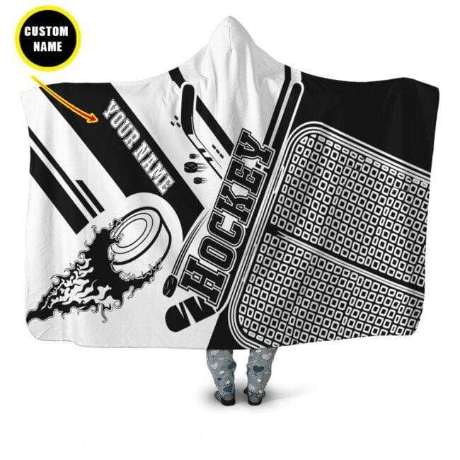 Personalized Custom Name B&W Hockey Hooded Blanket