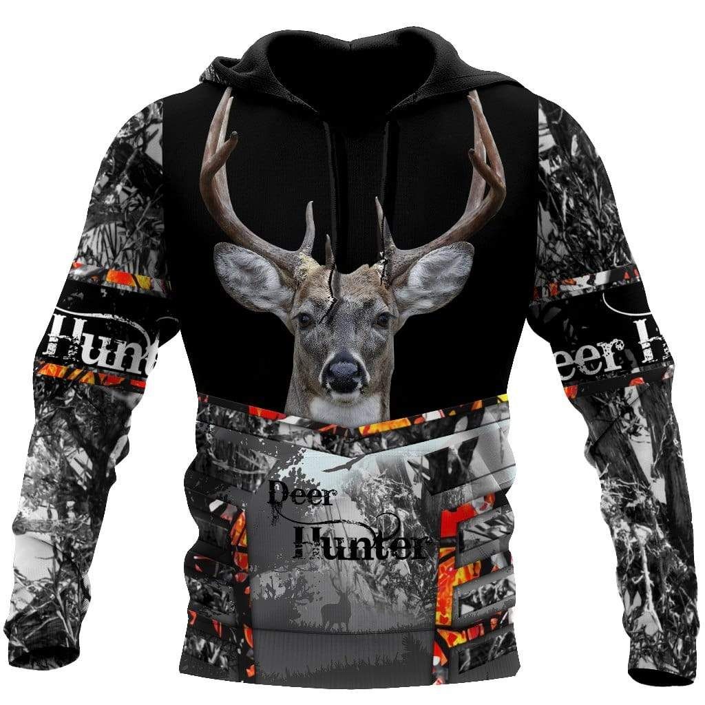 Deer Hunter Black With Forest Pattern Hoodie 3D All Over Print
