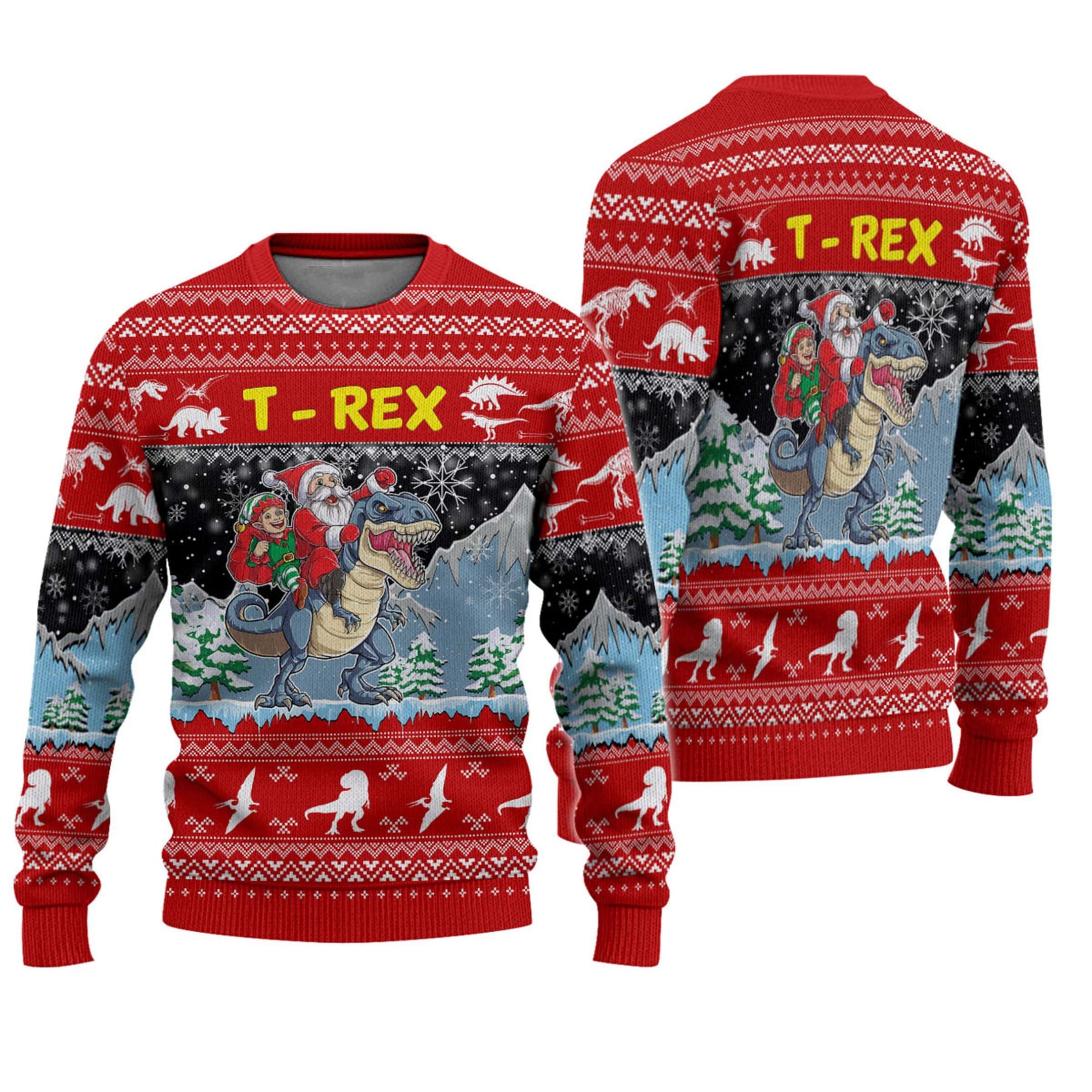 Santa Riding T-Rex Ugly Christmas Sweater